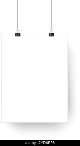 White square poster hanging on two binder clips with strings on a white background, creating a simple and elegant display for announcements or artwork Stock Vector