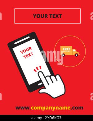 Red square template banner with a smartphone, a hand touching the screen, a free delivery truck and copy space Stock Vector