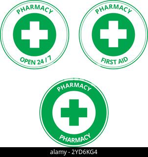 Green pharmacy labels with the draw of a cross on a white background Stock Vector