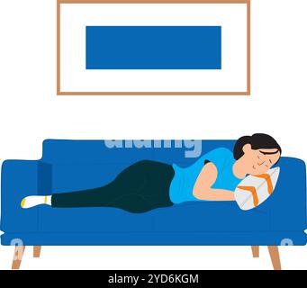 Hand draw woman sleeping in a blue couch on a white background Stock Vector
