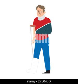 Hand draw of a man with a leg in a cast and an arm in a sling on a white background Stock Vector