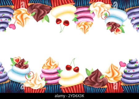 Cakes, cupcakes with meringue and decorated with cookies, cherries, mint. Seamless pattern, frame, banner. Watercolor illustration hand-drawn on a whi Stock Photo