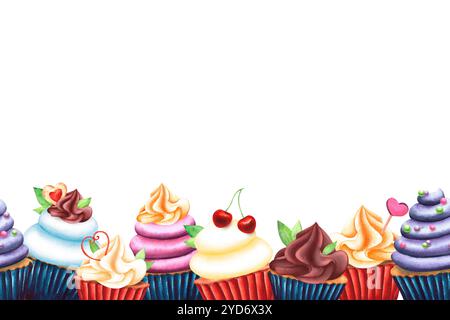 Cakes, cupcakes with meringue, marshmallow and decorated with cookies, berries, mint, lollipops. Seamless pattern, border, banner. Watercolor illustra Stock Photo