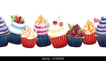 Cakes, cupcakes with meringue, marshmallow and decorated with cookies, berries, mint, lollipops. Seamless pattern, border. Watercolor illustration han Stock Photo
