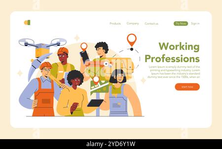 Working Professions concept. Diverse team of professionals with modern technology tools. Collaboration, expertise, and navigation in business. Vector illustration. Stock Vector
