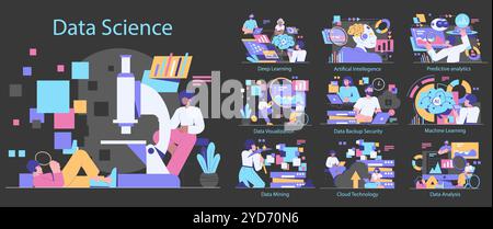 Data Science concept set. Modern analytics and AI technology. Scientists working on machine learning, AI, data visualization, and security. Vector illustration. Stock Vector