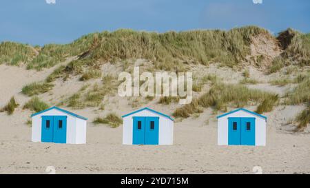 Three colorful beach huts stand in a row on the sandy shores of Texel, Netherlands, under a clear blue sky Stock Photo