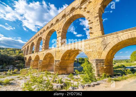 The Pont du Gard ancient Roman aqueduct bridge built in the first century AD to carry water to NÃ®me Stock Photo