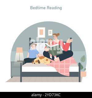 Family bedtime routine with mother reading a book to her children and dog in a cozy bedroom. Serene parenting moment. Vector illustration. Stock Vector