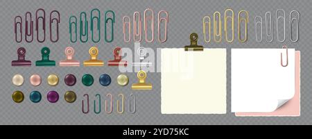 Collection of Paper clips, Banner Drawing Pins, and Paper holders, binders. Isolated Realistic Vector illustration Stock Vector