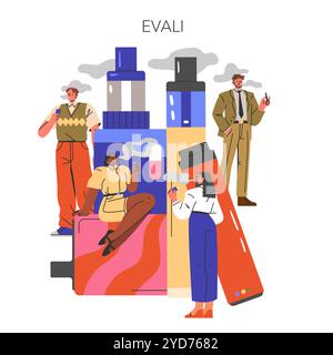 EVALI concept. Illustration depicting diverse people using e-cigarettes with ominous clouds. Health risks of vaping highlighted. Vector illustration. Stock Vector