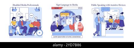 Inclusion in media and workplace set. Diverse professionals collaborating with assistive technology and sign language. Accessibility and equality in employment. Vector illustration. Stock Vector