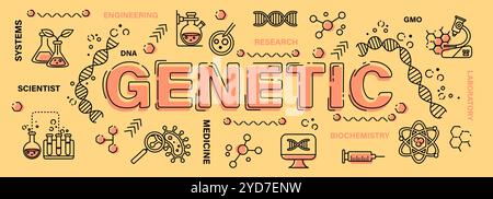 Genetic word with line icon art banner style . Editable stroke . Vector . Stock Vector
