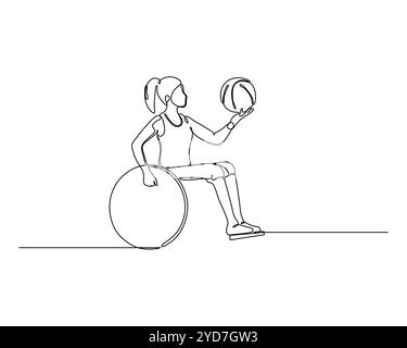 Continuous line drawing of a person sitting on an exercise ball, holding another ball in one hand. Ideal for fitness and wellness campaigns. Stock Vector