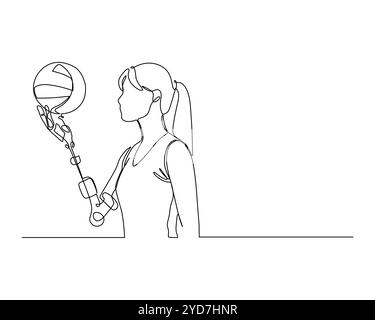 Line drawing of a person with a ponytail holding a ball using a detailed prosthetic arm with mechanical joints and components Stock Vector