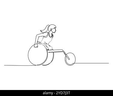 Single line drawing of a determined female wheelchair racer, showcasing her strength and determination as she pushes forward. Stock Vector