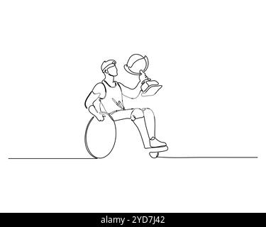 continuous line drawing of a disabled athlete on a wheelchair holding a cup.  winning in sport competition concept illustration Stock Vector