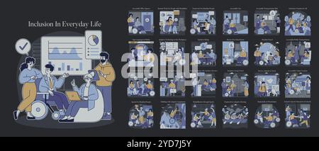 Inclusion in Everyday Life concept. Illustration showcasing diverse scenarios fostering inclusivity for people with disabilities. Work, travel, and recreation adapted for accessibility. Vector illustration. Stock Vector