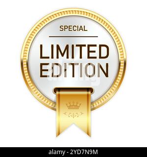 Limited edition medal with gold ribbon, special series badge or insignia, particular premium product, vector Stock Vector