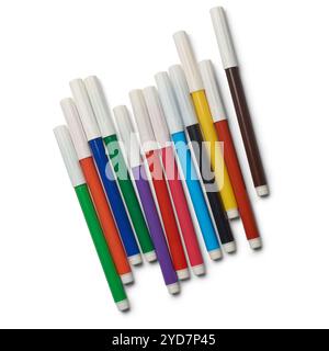 colorful felt tip or fiber tip pens scattered isolated white background, tools for vibrant writing, drawing and crafting, mock-up template Stock Photo