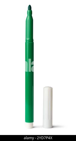 green color felt tip or fiber tip pen with cap isolated white background, tool for vibrant writing, drawing and crafting, mock-up template Stock Photo