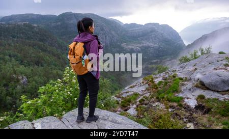 A lone hiker stands on a rocky outcrop, gazing out over a stunning Norwegian fjord landscape. The mist hangs low in the valleys, Stock Photo