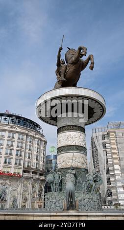 The statue 'The Great Warrior' mounted on a fountain in Macedonia Square, Skopje, Republic of North Macedonia, Balkans. Stock Photo