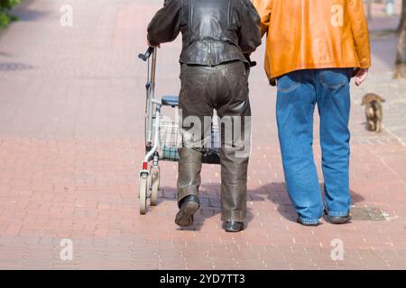 A couple with a walker and dog on a walk Stock Photo