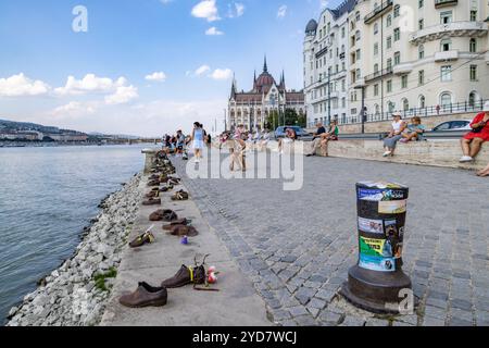 Views of Parliament building and Shoes on Danube, Budapest, Hungary. Stock Photo