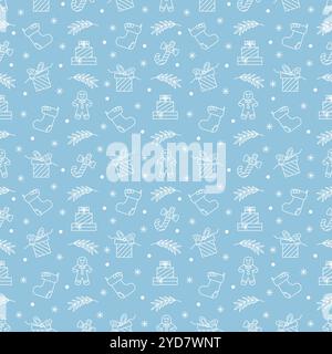 Christmas background with seamless pattern with gingerbread man, gifts, branches, snowflakes. White icons on a blue background, minimalism. Stock Vector