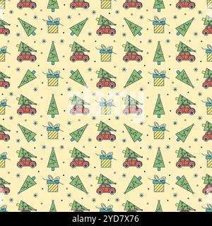 Christmas seamless pattern of Christmas car and Christmas trees. Colorful pattern for festive wrapping paper, children's clothing, textiles Stock Vector