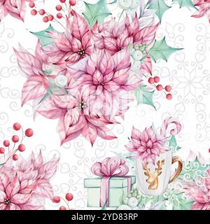 Watercolor seamless pattern - Christmas arrangement red lantern with Red poinsettia and holly green leaves, gift and mug with candy cane. Openwork Stock Vector