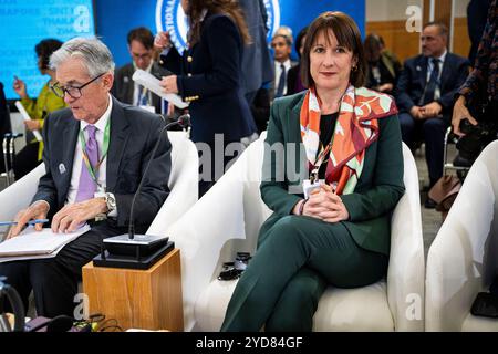 U.S. Federal Reserve Chair Jerome Powell, left, and U.K. Chancellor of the Exchequer Rachel Reeves, right, during the International Monetary and Financial Committee (IMFC) plenary session, during the ongoing International Monetary Fund and World Bank Group 2024 Annual Meetings, in Washington, D.C., on Friday, October 25, 2024. (Graeme Sloan/Sipa USA) Stock Photo