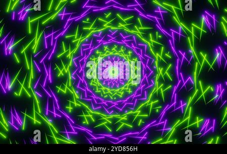 Radial symmetrical neon pattern, green and purple glowing lines. Radial symmetrical neon pattern, green and purple glowing lines. Lines moving, illuminated design, abstract shape. img abstract005s20 background neon circle green purple Stock Photo