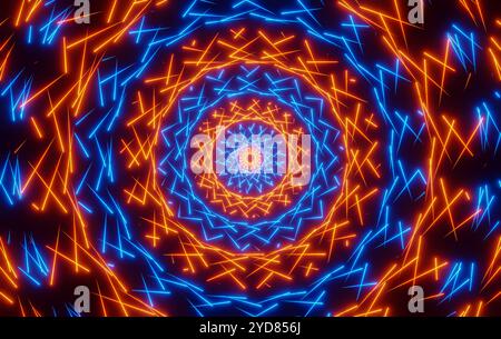 Radial symmetrical neon pattern, lines glowing pink and blue. Radial symmetrical neon pattern, lines glowing pink and blue. Lines moving, illuminated design, abstract shape. img abstract005s19 background neon circle orange blue Stock Photo