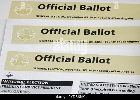 Los Angeles, CA / USA - Oct. 23, 2020: Multiple pages of an official mail-in paper ballot for the 2024 presidential election are shown up close. Stock Photo