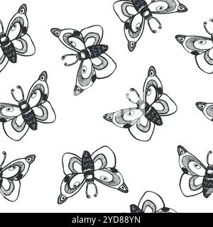 Butterflies and moths hand drawn with ink and transferred to vector. Seamless vector pattern. Suitable for printing on fabric, yuumage, for cards and Stock Vector