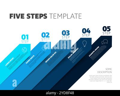 Five steps infographic process template with big diagonal arrows numbers icons and descriptions. Simple multipurpose infochart with five elements Stock Vector