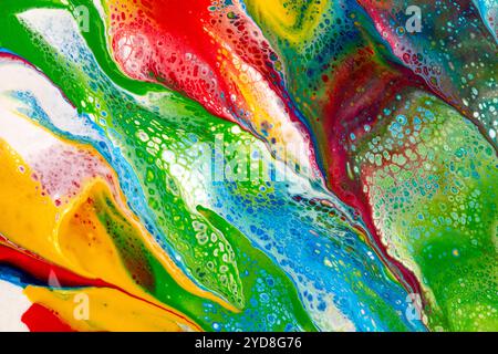 Illustration of marbled, watery texture with organic and multicolored waves created with acrylic paint in primary colors perfect for backgrounds and t Stock Photo