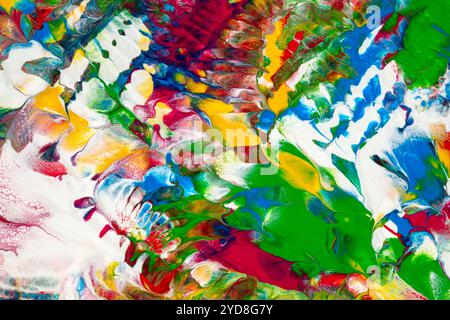 Illustration of marbled, watery texture with organic and multicolored waves created with acrylic paint in primary colors perfect for backgrounds and t Stock Photo