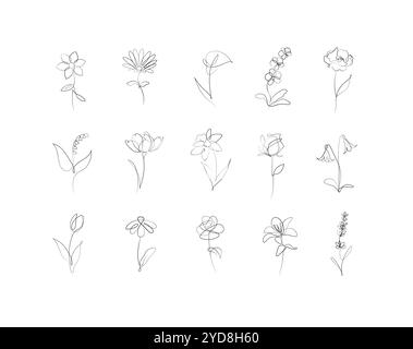 Flowers icons set rose, tulip, bell, camellia, daffodil, daisy, calla, lavender, lily, peony, poppy, wallflower drawing in linear style with black on Stock Vector