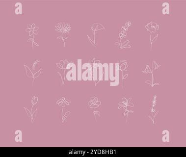 Flowers icons set rose, tulip, bell, camellia, daffodil, daisy, calla, lavender, lily, peony, poppy, wallflower drawing in linear style with white on Stock Vector