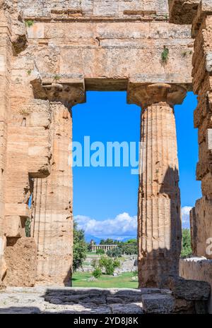 Temple of Neptune at Paestum in Italy: view across the peristyle. Stock Photo