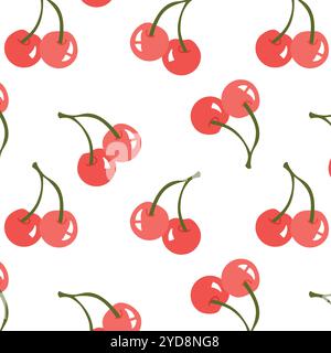 Cute Red cherry with vector seamless pattern flat style vector graphic design. Fresh cherry red berries. Good for Fabric, textile, giftware, wallpaper Stock Vector