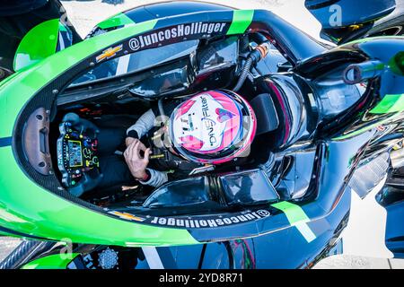 ROMAIN GROSJEAN (77) of Geneva, Switzerland straps into his vehicle as he prepares to practice for the Firestone Grand Prix of Monterey at WeatherTech Stock Photo