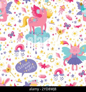 Childrens Magic animals seamless pattern. Cute ornament with fairytale characters, fairy cat, animals with horns, unicorn on cloud, rainbow, falling s Stock Vector