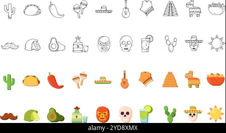 Mexican-themed icons in black lines and colorful, Vector Stock Vector