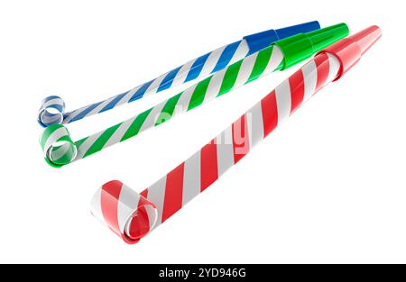 Three colorful party horns on white background Stock Photo - Alamy
