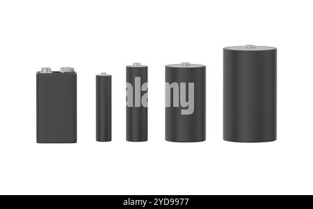Black batteries isolated on white background. Different sizes and shapes. 3d illustration. Stock Photo
