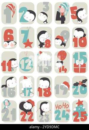 Cute Cartoon Advent Calendar with Funny Penguins and Christmas Elements Stock Vector